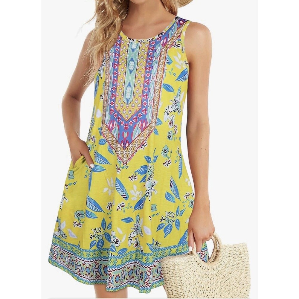 Elescat Sleeveless Tank Dress Yellow Floral Boho Pockets XL Above Knee
